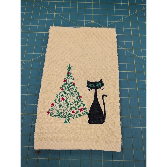 Retro Vintage Christmas Atomic Cat Mid Century Modern Kitchen Tea Towel Yellow - Picture 2 of 7
